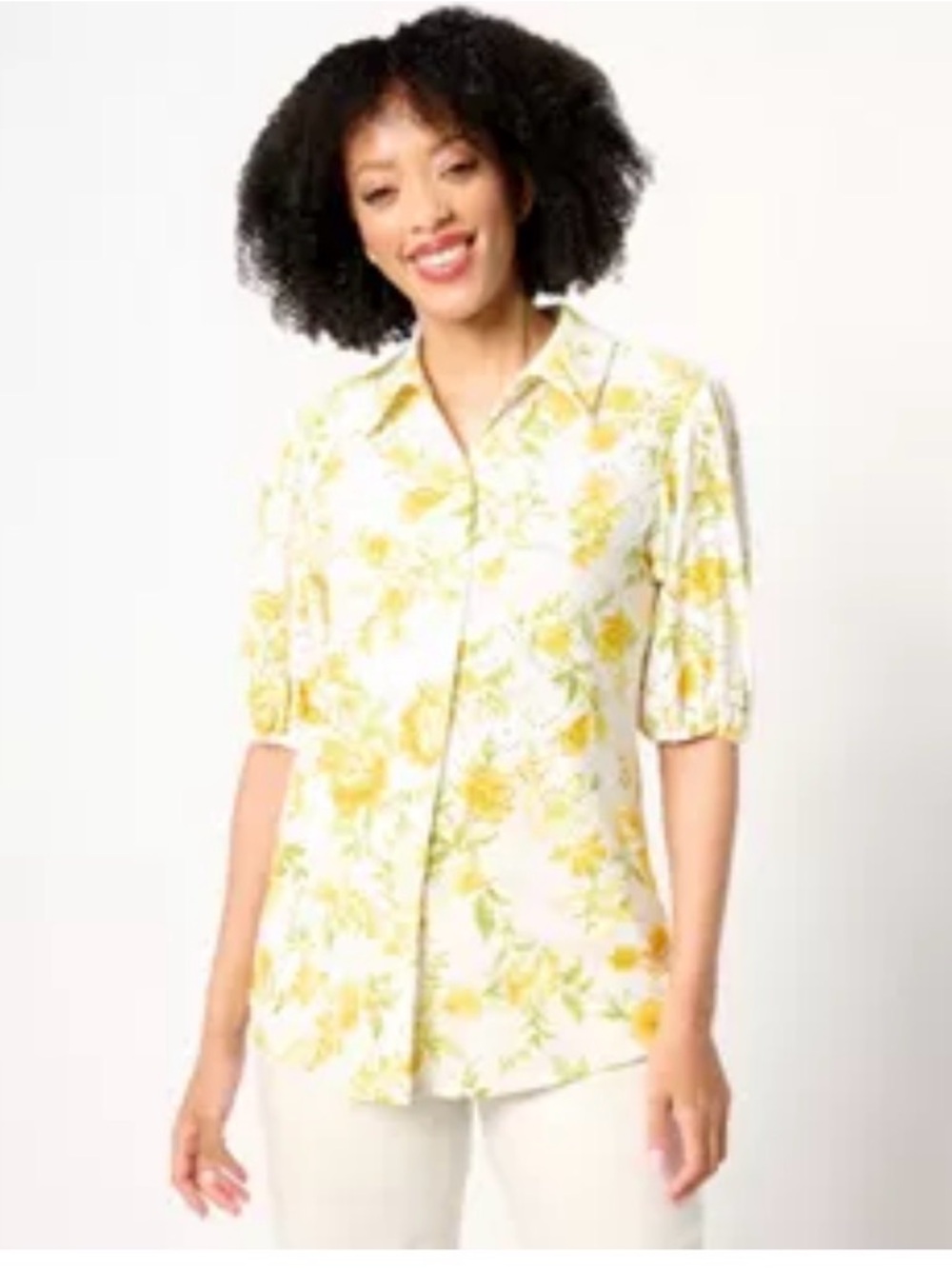 Susan Graver Floral Button-Front Top in Yellow and White